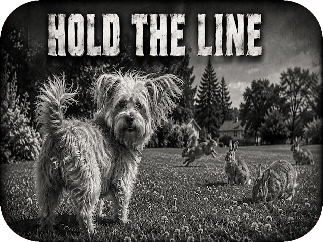 Black-and-white 1940s-style scene of Rose, a shaggy Yorkie mix, standing proudly in a June lawn while several unconcerned rabbits graze and play beneath the headline “Hold The Line.”