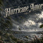 Storm winds sweep across a Pennsylvania-style lakeside as trees bend in the gale and leaves and flower petals swirl through dark clouds, forming subtle heart-like shapes beneath the tilted title “Hurricane Amore.”