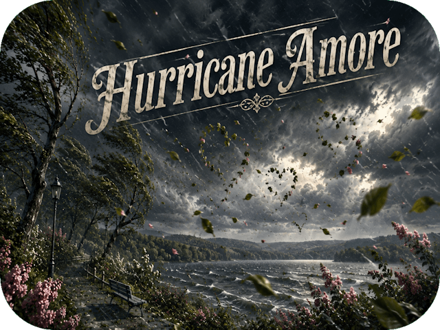 Storm winds sweep across a Pennsylvania-style lakeside as trees bend in the gale and leaves and flower petals swirl through dark clouds, forming subtle heart-like shapes beneath the tilted title “Hurricane Amore.”
