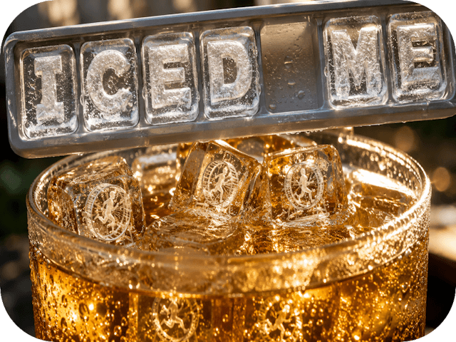 Extreme close-up of a sparkling glass of golden ginger ale filled with crystal-clear ice cubes containing laser-engraved miniature runners on hamster wheels, beneath an ice cube tray spelling “Iced Me” with one empty slot between the words.