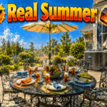 ☀️ Real Summer 🔥 header showing an empty backyard patio lunch setup shimmering in intense summer heat while the home's air conditioner runs in the background.