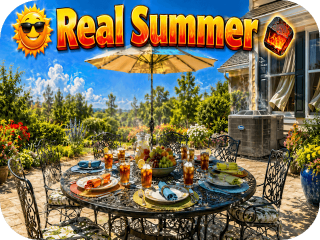 ☀️ Real Summer 🔥 header showing an empty backyard patio lunch setup shimmering in intense summer heat while the home's air conditioner runs in the background.