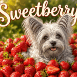 Rose, a tiny silver-and-pewter Yorkie mix, smiles from a mound of ripe red strawberries beneath the whimsical title “Sweetberry.”