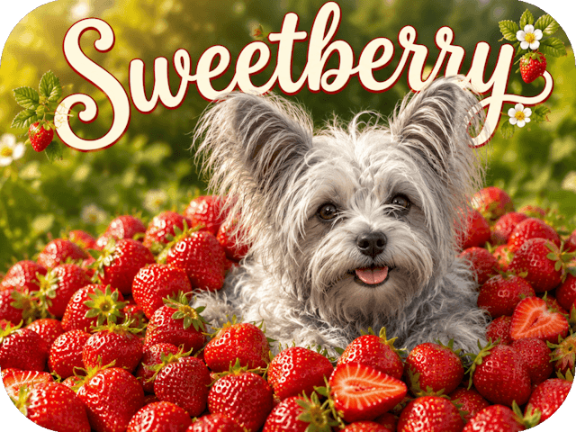 Rose, a tiny silver-and-pewter Yorkie mix, smiles from a mound of ripe red strawberries beneath the whimsical title “Sweetberry.”