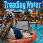 A backyard pool party freezes just before a huge cannonball splashes beside a database professional working from a donut float, laptop open to SQL queries, coffee balanced, and long silver hair trailing through the water beneath a patriotic bandana.