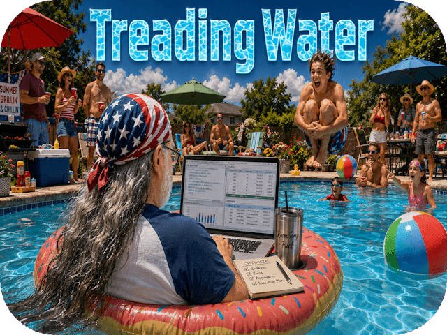A backyard pool party freezes just before a huge cannonball splashes beside a database professional working from a donut float, laptop open to SQL queries, coffee balanced, and long silver hair trailing through the water beneath a patriotic bandana.