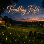 Thousands of lightning bugs glow across a rolling Pennsylvania backyard at twilight beneath the hand-lettered title “Twinkling Fields.”
