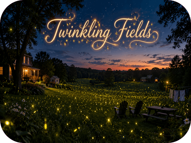 Thousands of lightning bugs glow across a rolling Pennsylvania backyard at twilight beneath the hand-lettered title “Twinkling Fields.”