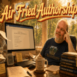 A smiling author sits at his desk in a sun-drenched home office, struggling to write through oppressive late-July heat beneath the retro title "Air Fried Authorship."
