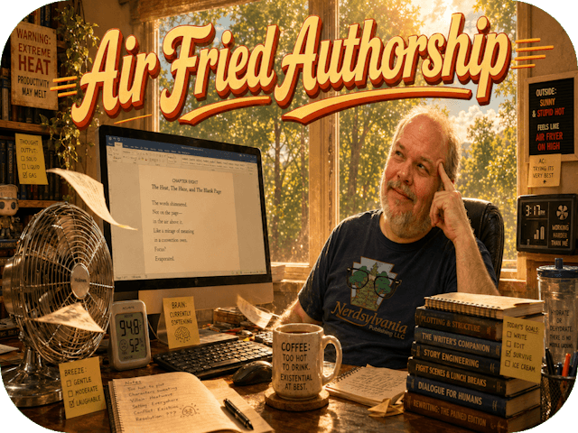 A smiling author sits at his desk in a sun-drenched home office, struggling to write through oppressive late-July heat beneath the retro title "Air Fried Authorship."
