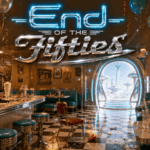 A retro 1950s diner after a lively farewell party, with confetti, cake, and glowing chrome décor leading to a bright retro-futuristic portal beneath the title “End of the Fifties.”