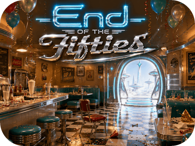 A retro 1950s diner after a lively farewell party, with confetti, cake, and glowing chrome décor leading to a bright retro-futuristic portal beneath the title “End of the Fifties.”