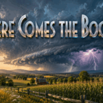 Late-afternoon Pennsylvania farmland glows in warm sunlight as a towering thunderstorm with distant lightning rolls toward a red barn beneath the title “Here Comes the Boom.”