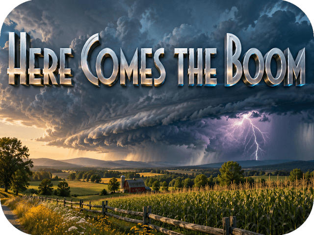Late-afternoon Pennsylvania farmland glows in warm sunlight as a towering thunderstorm with distant lightning rolls toward a red barn beneath the title “Here Comes the Boom.”
