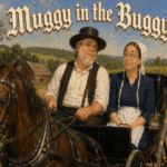 Norman Rockwell-inspired painting of Rob and Kelly riding in an Amish horse and buggy through humid Pennsylvania farmland, both visibly warm and sweaty beneath the title "Muggy in the Buggy."