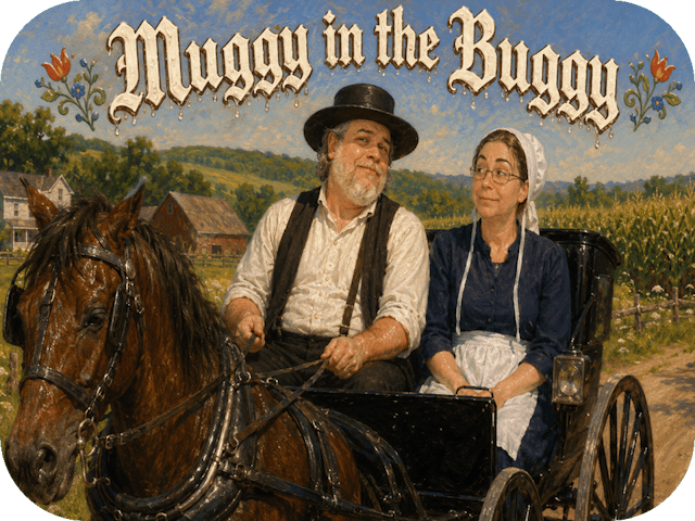 Norman Rockwell-inspired painting of Rob and Kelly riding in an Amish horse and buggy through humid Pennsylvania farmland, both visibly warm and sweaty beneath the title "Muggy in the Buggy."