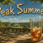 A weathered wooden deck table overlooks lush Pennsylvania trees beneath a bright August sky, with a half-full glass of iced tea glowing in warm afternoon light beneath the rustic title “Peak Summer.”