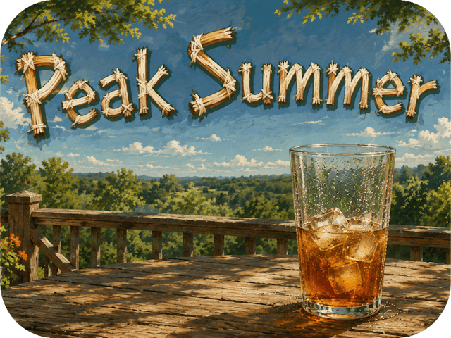 A weathered wooden deck table overlooks lush Pennsylvania trees beneath a bright August sky, with a half-full glass of iced tea glowing in warm afternoon light beneath the rustic title “Peak Summer.”
