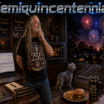 Author paces his cozy home office on Independence Day as fireworks glow outside, his silver Yorkie Rose stands watch by the air conditioner, and a half-million-word novel waits on the laptop beneath the title "Semiquincentennial."