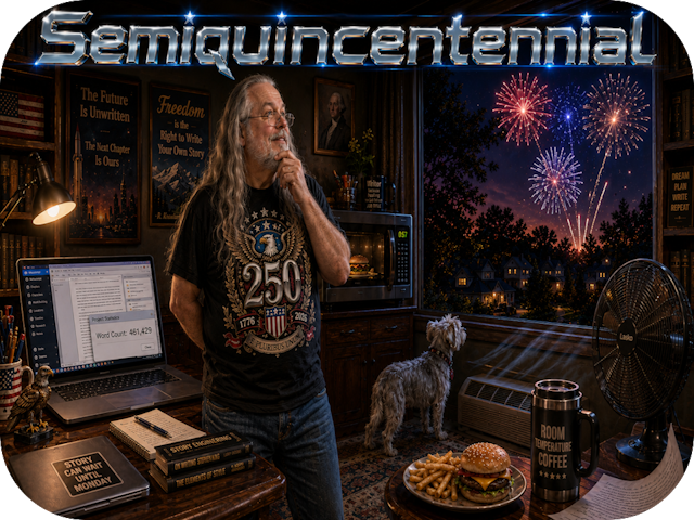 Author paces his cozy home office on Independence Day as fireworks glow outside, his silver Yorkie Rose stands watch by the air conditioner, and a half-million-word novel waits on the laptop beneath the title "Semiquincentennial."