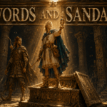 Naicellius triumphantly raises a jeweled ancient statuette inside a vast ruined temple while his vigilant steppe warrior companion, Akhrenzar, stands guard against unseen threats lurking in the shadows beneath the title Swords and Sandals.