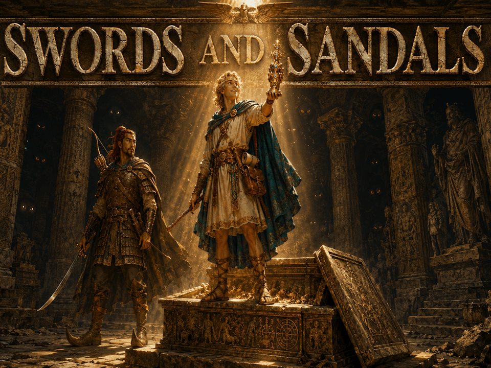 Naicellius triumphantly raises a jeweled ancient statuette inside a vast ruined temple while his vigilant steppe warrior companion, Akhrenzar, stands guard against unseen threats lurking in the shadows beneath the title Swords and Sandals.