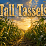 Golden-hour view down a towering Pennsylvania corn row with glowing tassels, developing ears of corn, and the title "Tall Tassels" rendered in multicolored corn-kernel lettering.