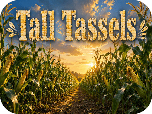 Golden-hour view down a towering Pennsylvania corn row with glowing tassels, developing ears of corn, and the title "Tall Tassels" rendered in multicolored corn-kernel lettering.