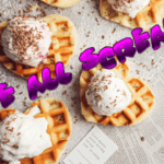 Waffles topped with scoops of vanilla and strawberry ice cream beneath the playful title "We All Scream."