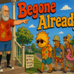 Bearded author points Summer and his dejected beachgoing entourage off his porch while holding a pumpkin spice latte.