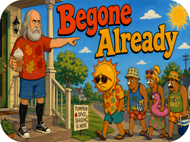 Bearded author points Summer and his dejected beachgoing entourage off his porch while holding a pumpkin spice latte.