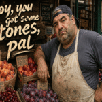 A skeptical Brooklyn fruit vendor leans among overflowing crates of peaches, nectarines, plums and cherries beneath the title “Boy, you got some stones, pal.”