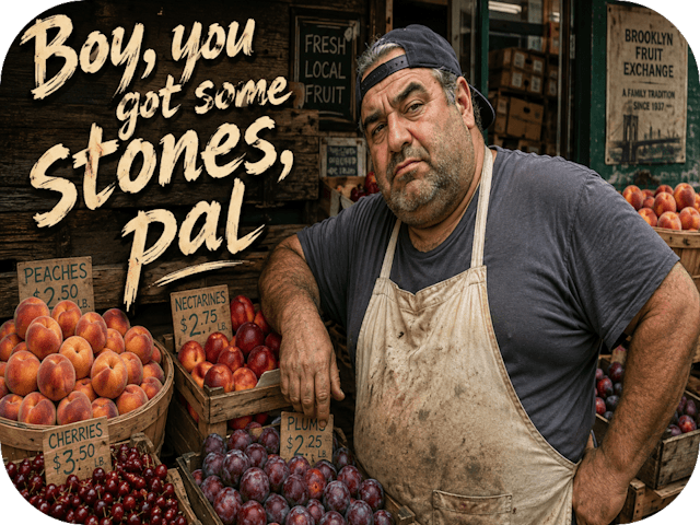 A skeptical Brooklyn fruit vendor leans among overflowing crates of peaches, nectarines, plums and cherries beneath the title βBoy, you got some stones, pal.β