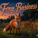 Three red foxes emerge at dusk along a Pennsylvania meadow and wooded backyard beneath the glowing “Foxy Business” title.
