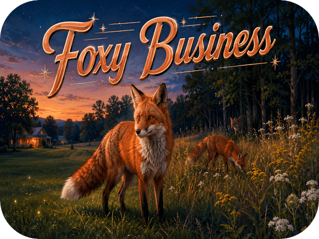 Three red foxes emerge at dusk along a Pennsylvania meadow and wooded backyard beneath the glowing “Foxy Business” title.