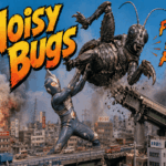 Giant alien hero judo-throws a roaring humanoid cricket through a miniature 1960s Japanese city beneath the title βNoisy Bugs.β
