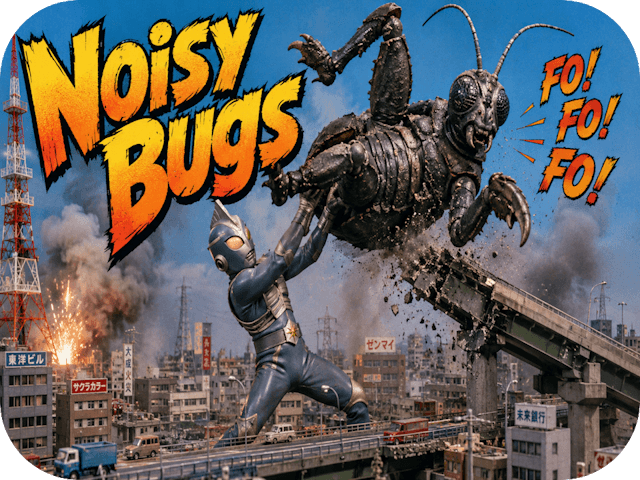 Giant alien hero judo-throws a roaring humanoid cricket through a miniature 1960s Japanese city beneath the title โNoisy Bugs.โ
