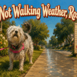 Painterly summer scene of little Rose, a silver Yorkie mix in a pink harness, stubbornly refusing to step off the grass onto a shimmering hot sidewalk beneath the title "Not Walking Weather, Rose."