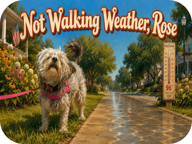 Painterly summer scene of little Rose, a silver Yorkie mix in a pink harness, stubbornly refusing to step off the grass onto a shimmering hot sidewalk beneath the title "Not Walking Weather, Rose."