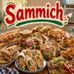 A table overflowing with assorted sandwiches, wraps, pinwheels and sliders, cooled by fans and a window air conditioner beneath the title “Sammich.”