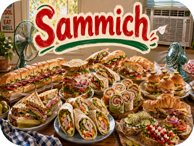 A table overflowing with assorted sandwiches, wraps, pinwheels and sliders, cooled by fans and a window air conditioner beneath the title “Sammich.”