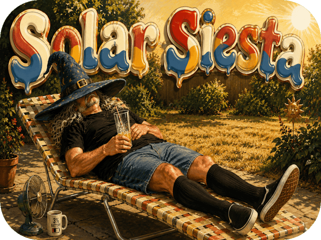 Exhausted author naps under a wizard hat on a vintage chaise in the blazing August sun.