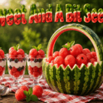 Watermelon basket filled with melon balls beside watermelon parfaits, topped by “Sweet And A Bit Seedy” in juicy watermelon lettering.