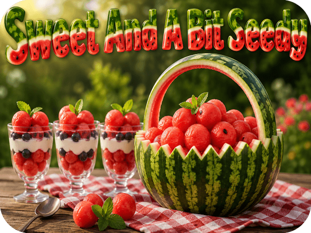 Watermelon basket filled with melon balls beside watermelon parfaits, topped by “Sweet And A Bit Seedy” in juicy watermelon lettering.