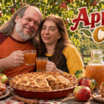 Rob and Kelly enjoy cider and apple treats beneath a fruit-laden apple tree.