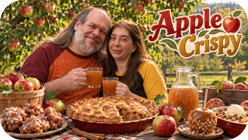 Rob and Kelly enjoy cider and apple treats beneath a fruit-laden apple tree.