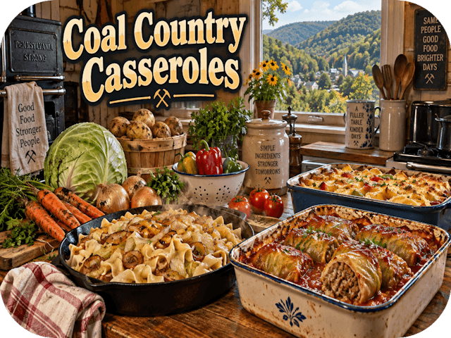 Coal Country Casseroles with halushki, stuffed cabbage and late-summer garden produce in a warm Pennsylvania kitchen.