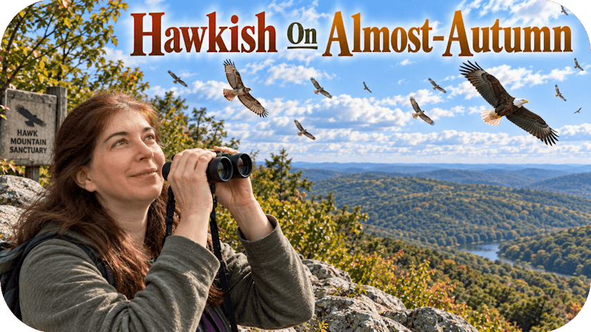 Kelly watches migrating hawks and a bald eagle at Hawk Mountain.