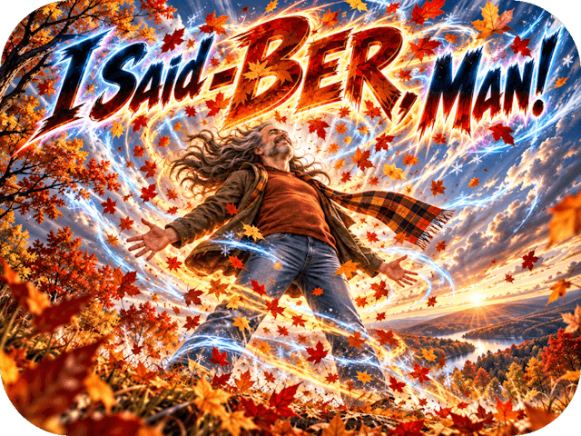 Rob powers up in a whirlwind of autumn leaves and icy energy beneath the title “I Said -Ber, Man!”