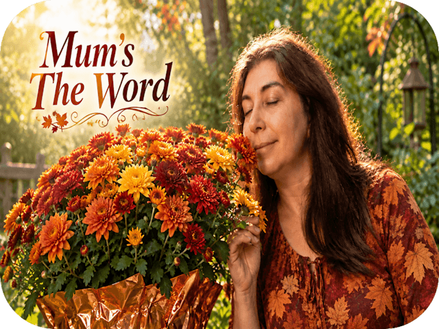Kelly smells a lush pot of autumn-colored mums in warm September sunlight.